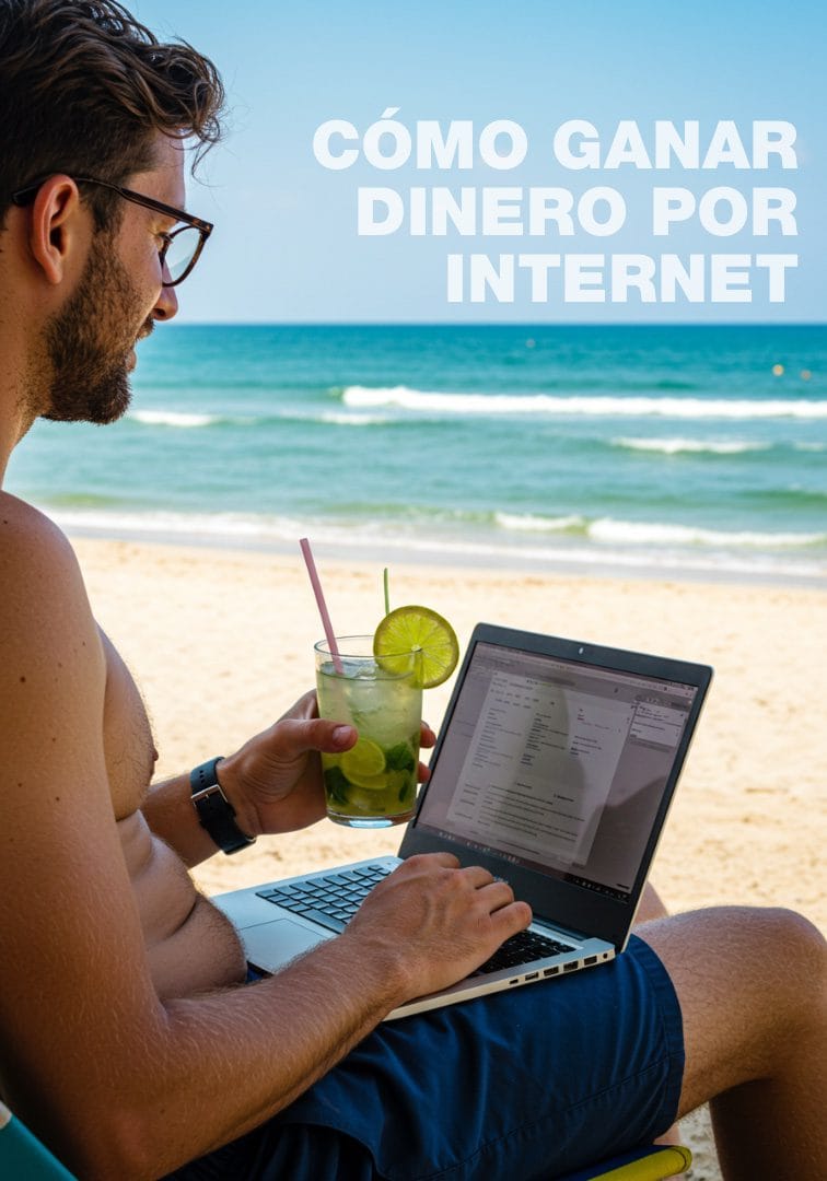 Hombre sentado en la playa trabajando en su laptop mientras se toma una limonada