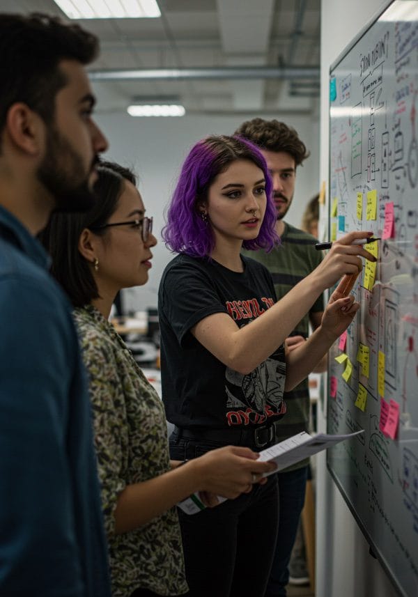 Personas trabajando frente a una pizarra de tinta liquida, una mujer explica sus ideas a sus compañeros, De Izquierda a derecha un hombre, una mujer, otra mujer con cabello pintado de morado explicando, y un hombre, en la pizarra se notan papelitos de colores, y esquemas.