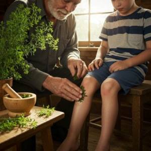 Hombre anciano aplicando cataplasma de ruda en la pierna de un niño