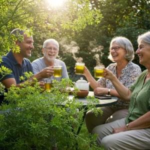 Dos mujeres y dos hombres de edad adulta tomando agua de ruda, sentados en un jardín