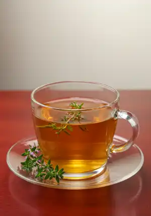 Taza de infusión medicinal de tomillo, planta curativa para la tos